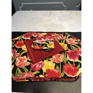 New 12pc Amish Made Quilted Tulip Flowers Placemats, Napkins & Coasters